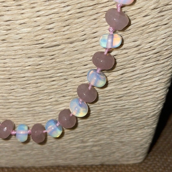 Necklace Opal & Pink Jade Stone Quartz hand made Knotted one of a kind New Beads - Picture 5 of 14